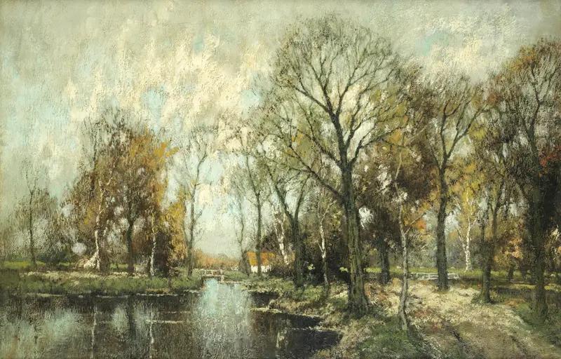 Autumn landscape oil painting by Arnold Marc Gorter depicting golden leaves and a serene forest