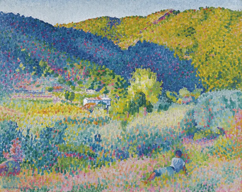 Paysage De La Chaine Des Maures by Henri-Edmond Cross, oil on canvas depicting vibrant hills and light.