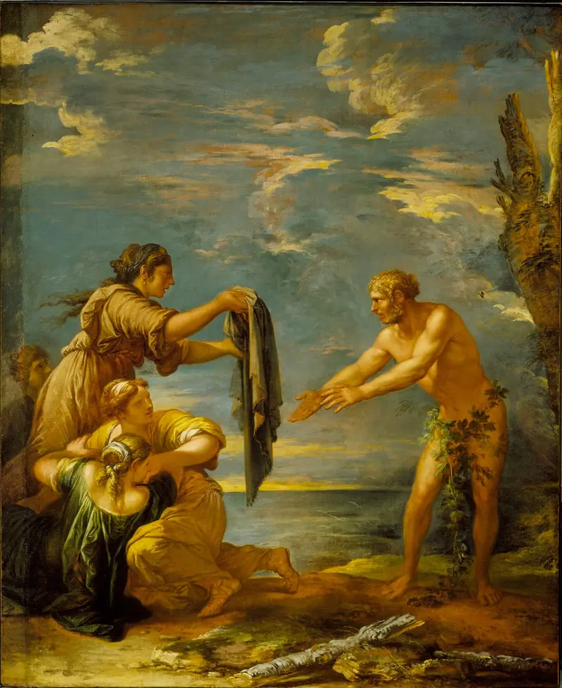 Salvator Rosa's painting depicts the encounter between Odysseus and Nausicaa.
