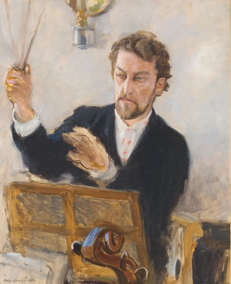 Akseli Gallen-Kallela's sketch of a conductor with a raised baton, capturing the energy of a musical performance.