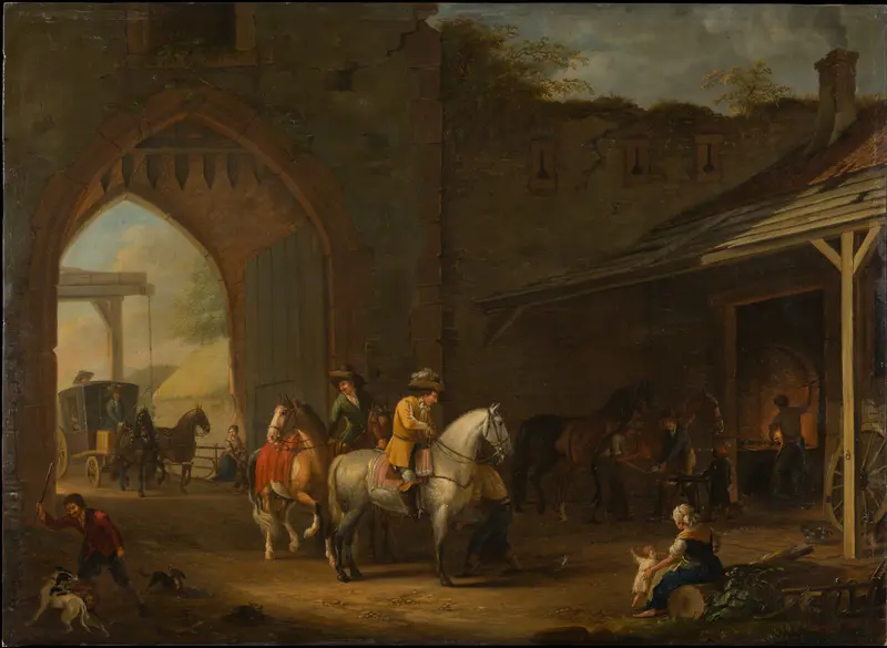 Horsemen at the Blacksmith’s by Johann Georg Pforr, oil painting depicting weary horsemen in a dark setting.