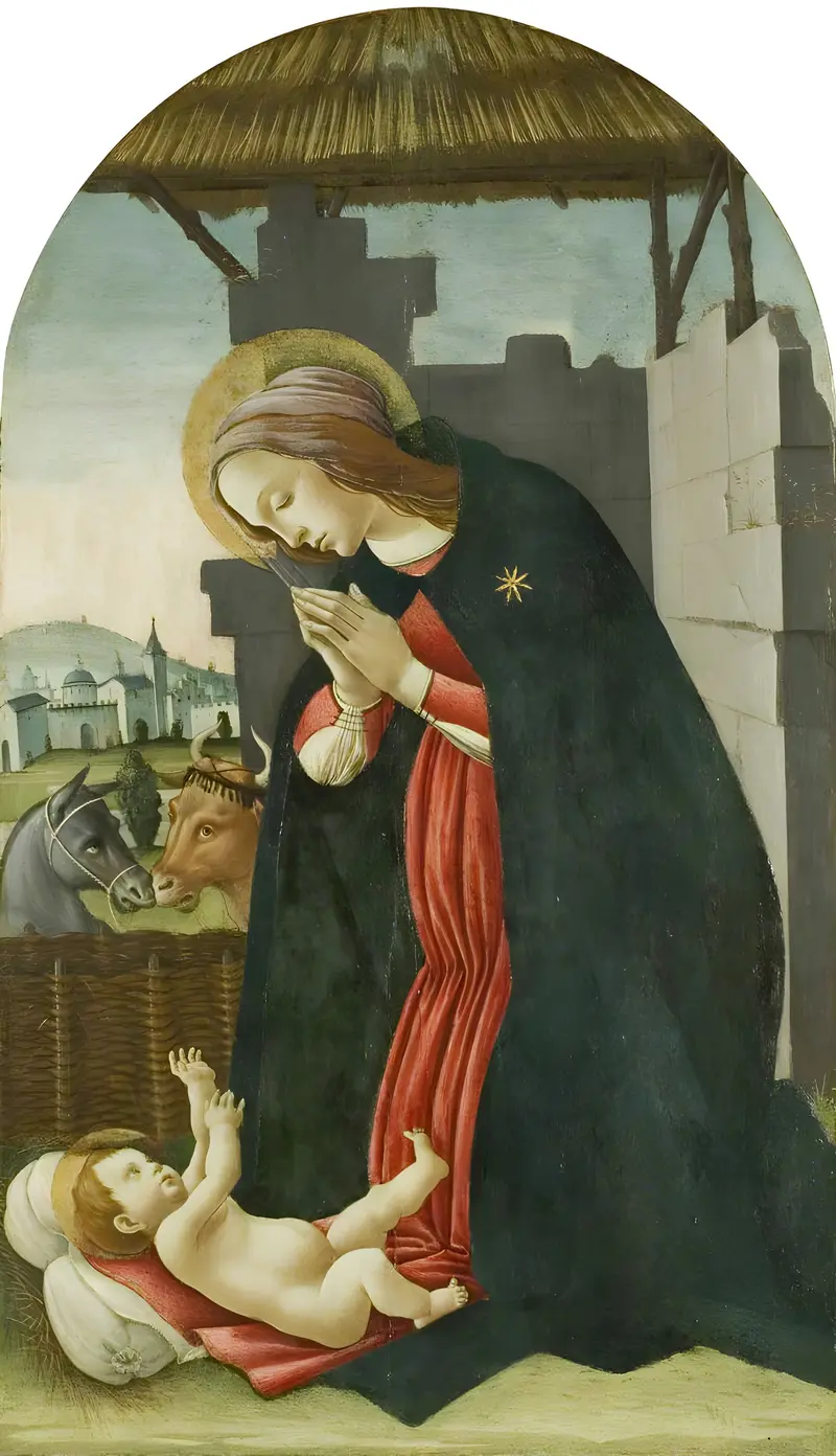 The Madonna kneels in adoration before the Infant Christ, surrounded by a serene atmosphere.
