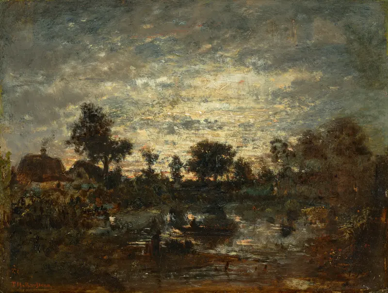 L’étang, coucher de soleil by Théodore Rousseau, oil painting depicting a sunset over a tranquil pond.