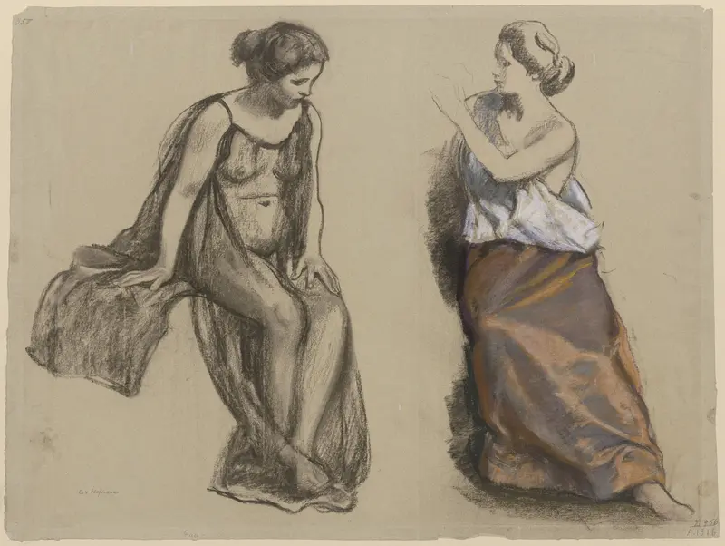 This artwork features two seated women in contrasting clothing.
