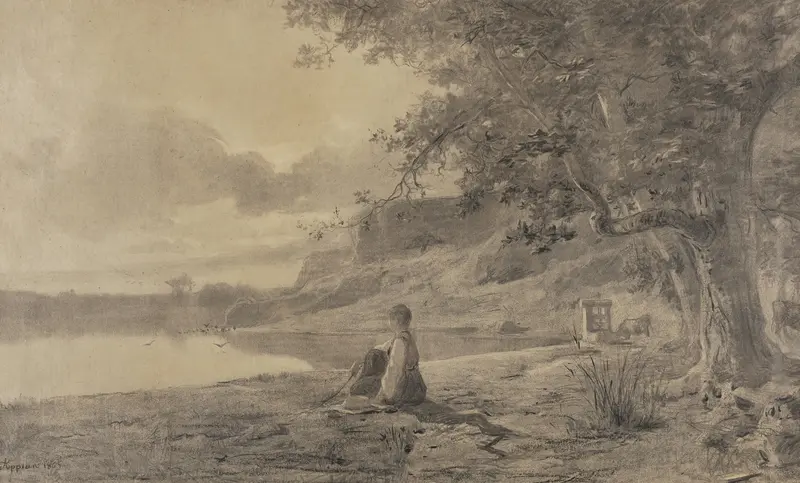 Woman seated by a pond, oil on canvas by Adolphe Appian, featuring reflections and nature.