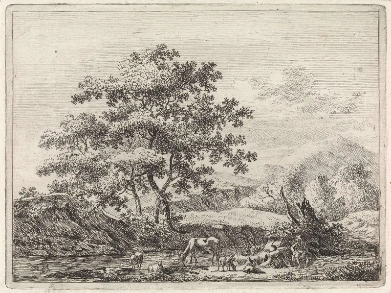 Herder met vee bij rivier, etching by Johannes Christiaan Janson depicting a herder with cattle by a river.