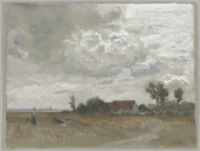 Figurative scene of a woman with goats in a pastoral landscape by Philipp Röth