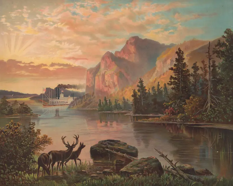 A river scene lithograph by Krebs Lith. Co, showcasing a vibrant landscape at dusk.