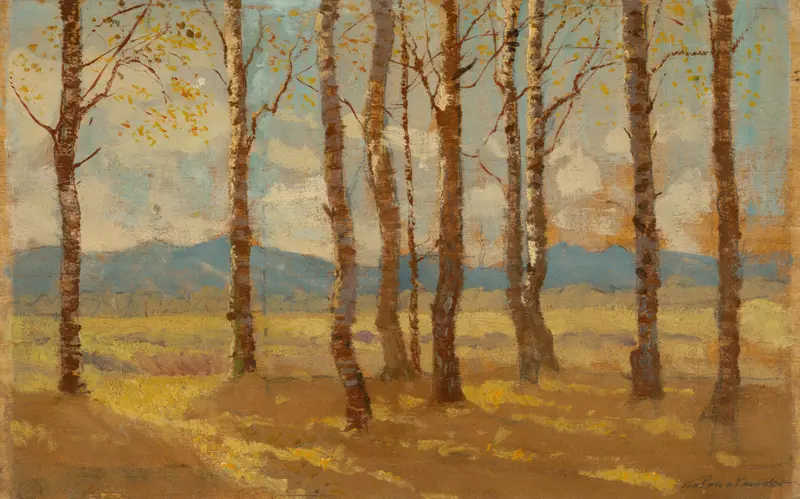 Birches in Autumn, oil on canvas by Ferdinand Katona, depicting birch trees with golden light.