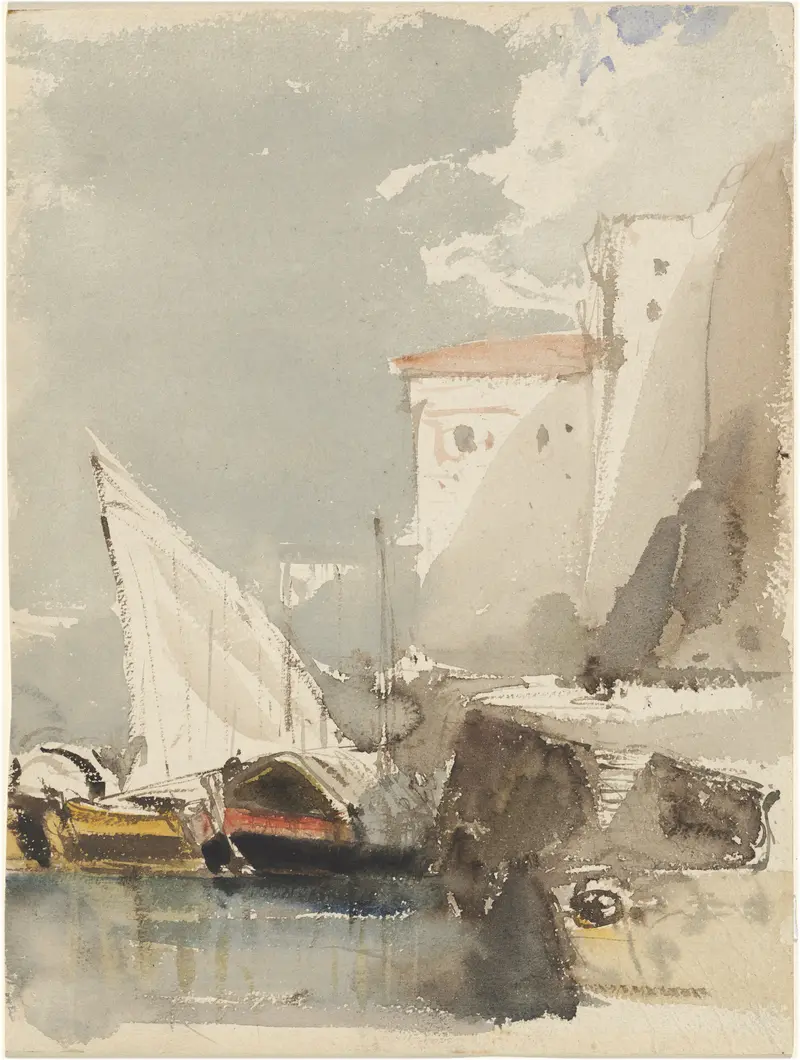 Sailboats in a sunlit harbor, oil on canvas by Eugène Isabey