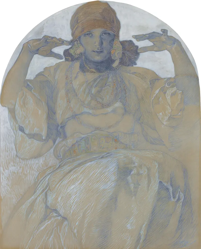 This painting depicts a woman in a flowing dress, showcasing Alphonse Mucha's signature style.
