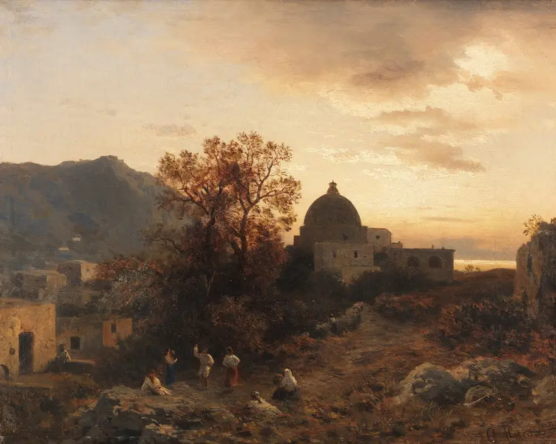 Abendstimmung an der italienischen Küste mit tanzenden Figuren, oil on canvas by Albert Flamm