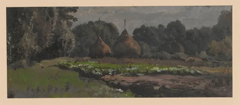 Haystacks in a forest, oil painting by Adolf Dressler