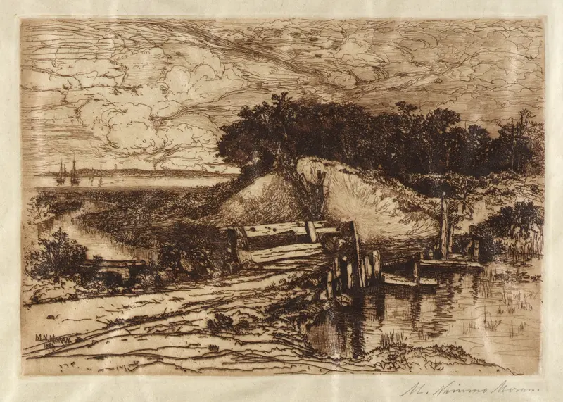 Gardiner’s Bay, L.I., Seen from Fresh Pond by Mary Nimmo Moran, oil painting depicting a tranquil landscape.