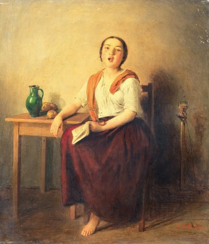 A young woman singing, captured in a portrait by Johann Baptist Reiter.