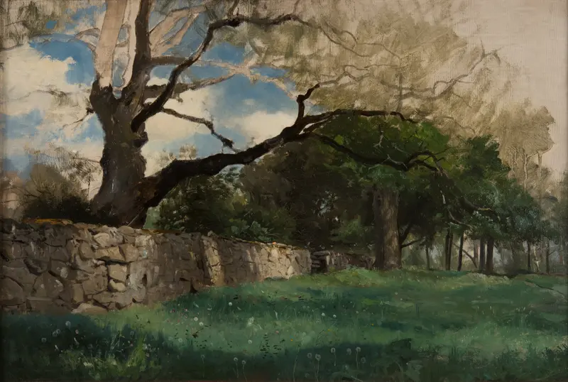Landscape at Torsebro, near Kristianstad by Gustaf Rydberg, oil painting of rolling hills and clouds.