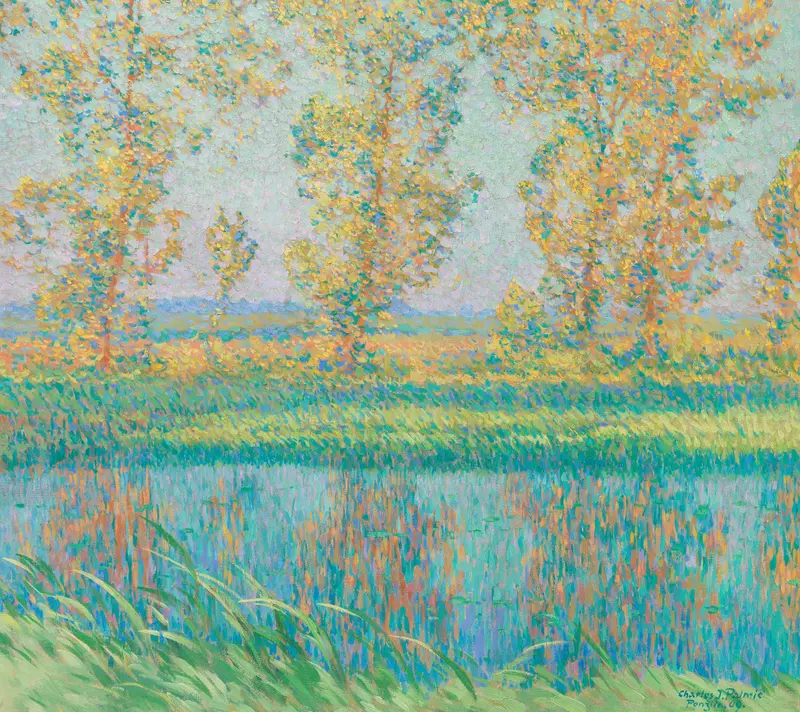 Sommerlandschaft by Charles Johann Palmié, impressionism, depicting a tranquil landscape with hills and sunlight.