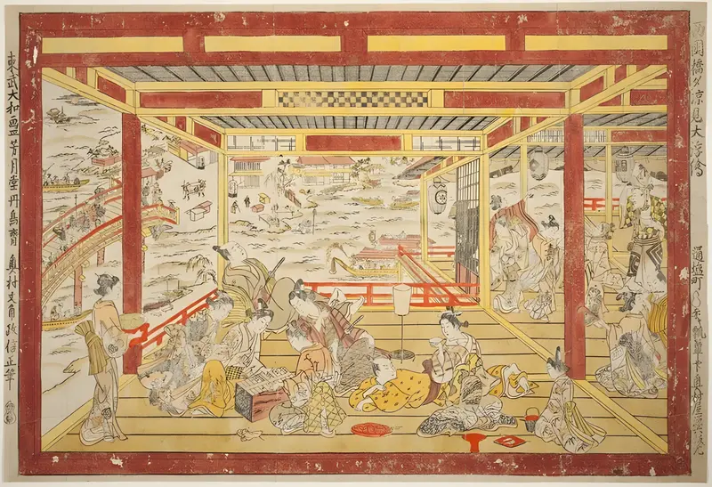 Woodblock print by Okumura Masanobu depicting Ryogoku Bridge at twilight