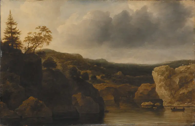 Shore with Steep Cliffs by Allaert van Everdingen, oil painting depicting waves crashing against cliffs