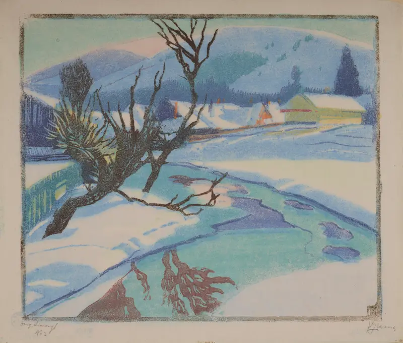 Rajcza in winter by Jakub Glasner, oil painting depicting a snowy landscape with trees.