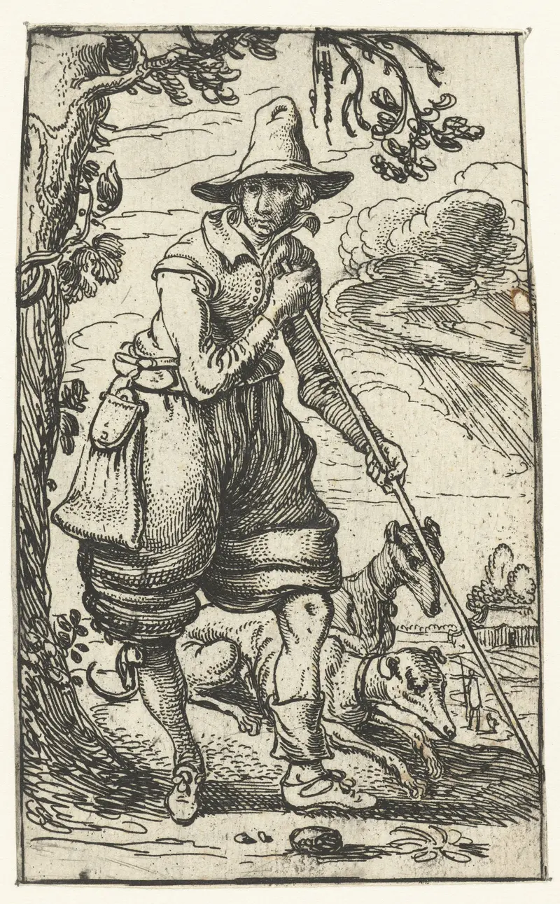 Etching by Esaias van de Velde depicting a hunter with two dogs in a forest.