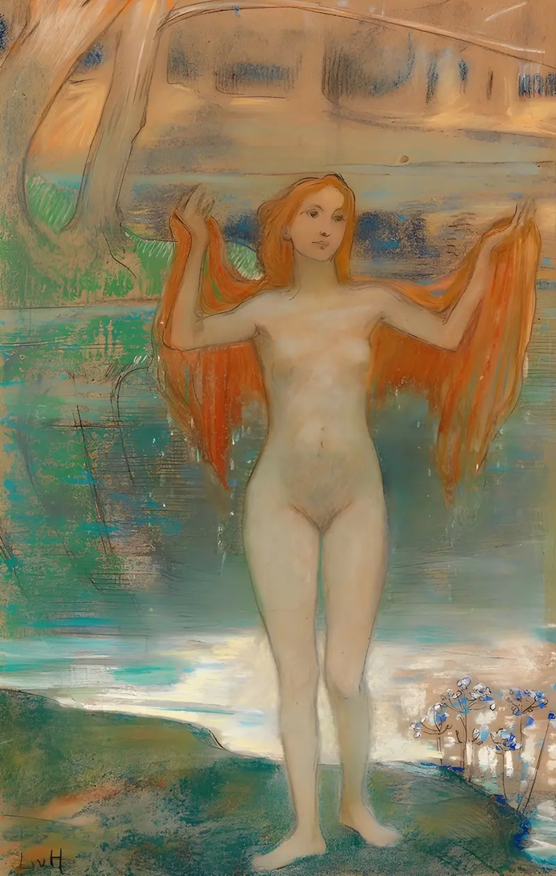 A serene landscape painting depicting a girl by the lakeside.