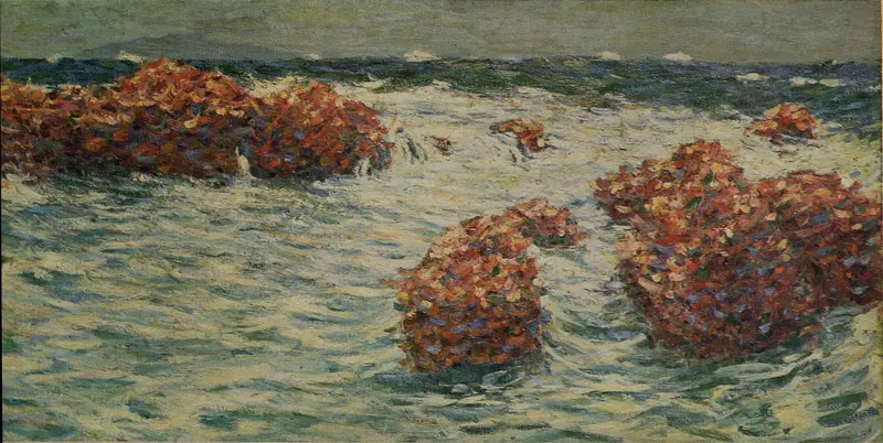 A vibrant seascape with bold brushwork, showcasing a lively sea filled with reds and oranges, viewed from a low angle.