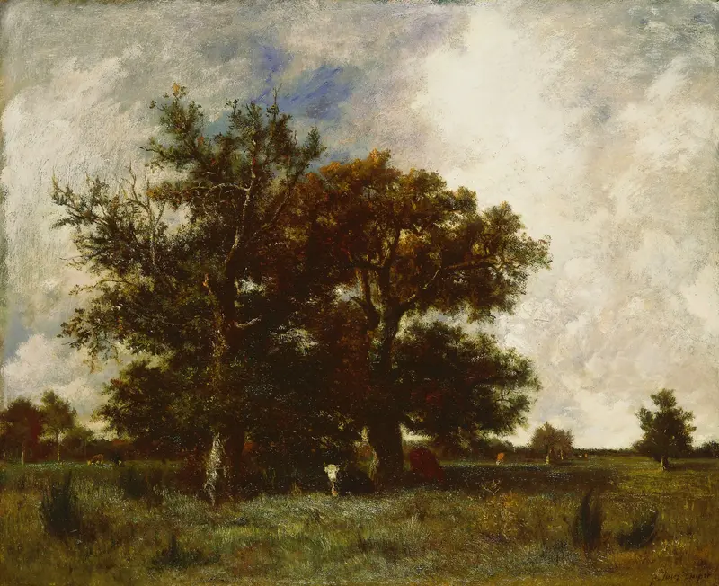 Fontainebleau Oaks by Jules Dupré, oil painting depicting a lush forest with sunlight filtering through trees.
