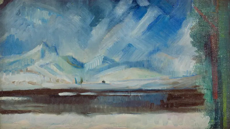 A winter landscape with a dynamic sky and tranquil snowy hills, featuring expressive brushwork.