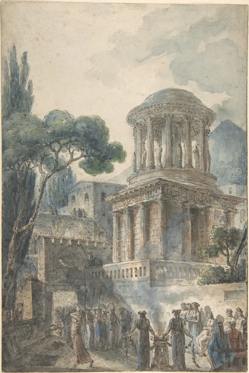 Historical scene of a funeral ceremony for an actor by Louis Jean Desprez, oil painting