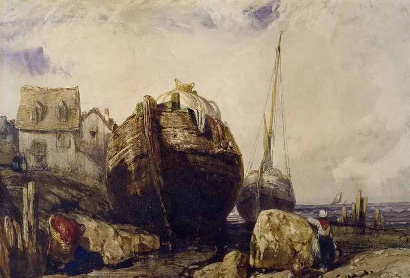 Fishing Boats by Eugène Isabey, oil painting depicting boats on water with golden light