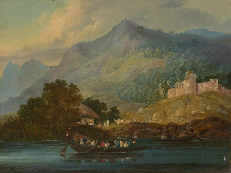 Hilly landscape with figures in a boat on the river Ganges, oil painting by Sir Charles D'Oyly