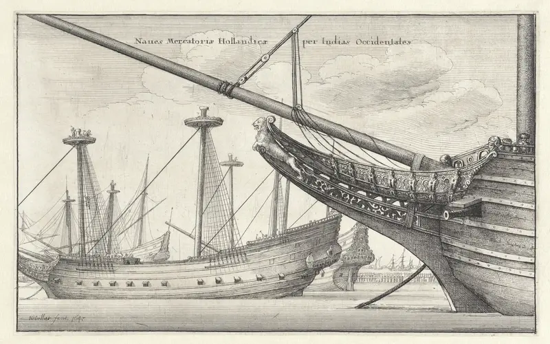 This artwork depicts Dutch merchants navigating the Caribbean.