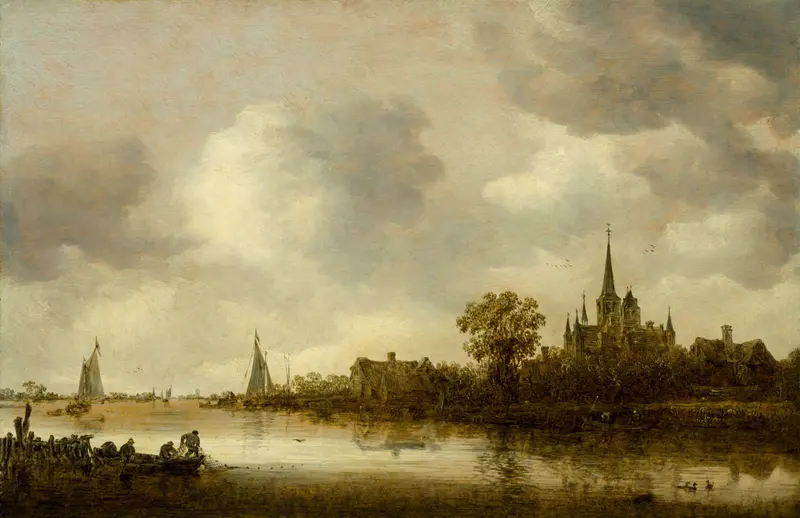 River landscape with a church in the distance, oil on canvas by Jan van Goyen