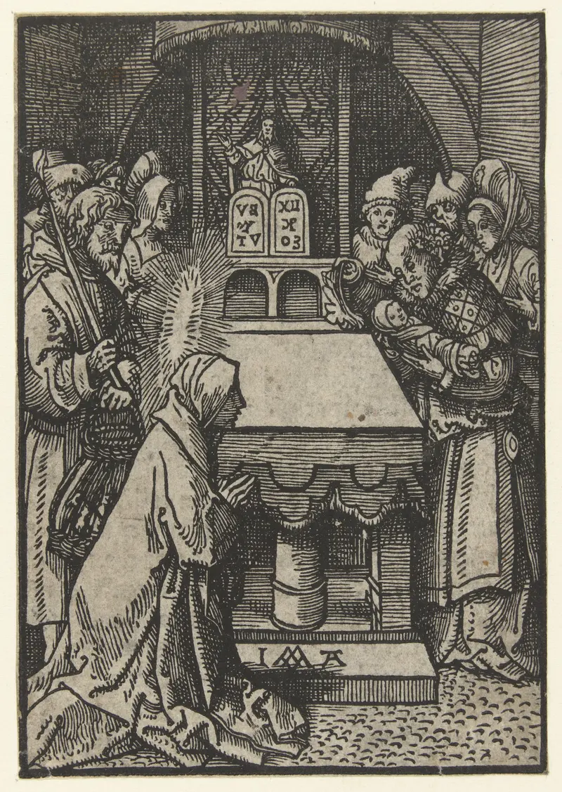 Religious scene with Mary and Joseph in the temple, paper by Jacob Cornelisz van Oostsanen
