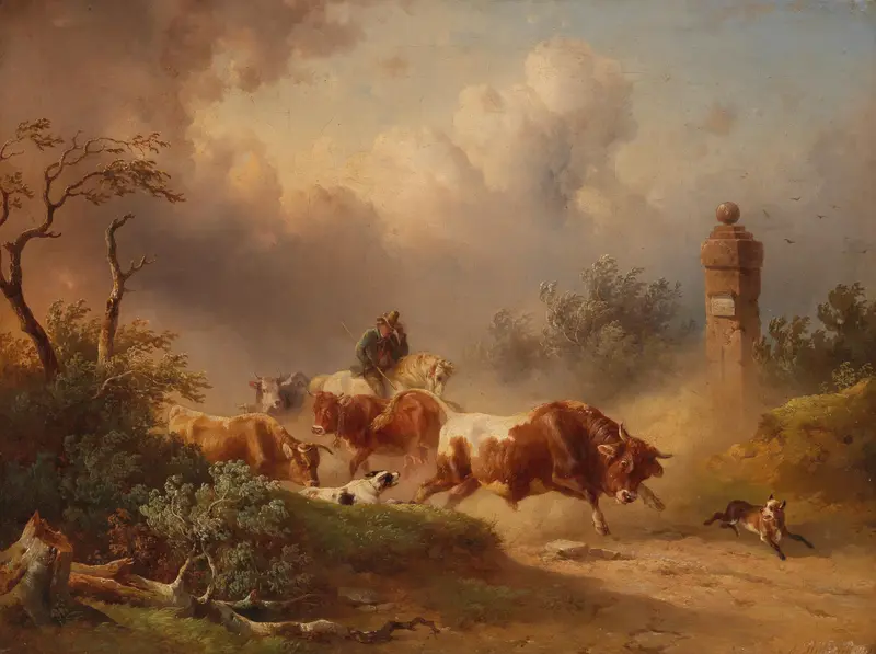 Landscape depicting a solitary figure on a path under ominous clouds, oil painting by Edmund Mahlknecht