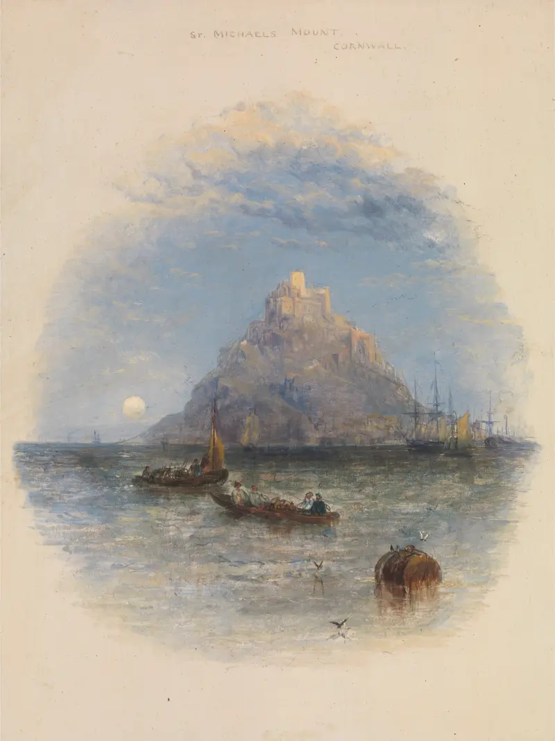 St. Michael’s Mount, Cornwall by Thomas Creswick, oil on canvas depicting rocky shore and tranquil waves.