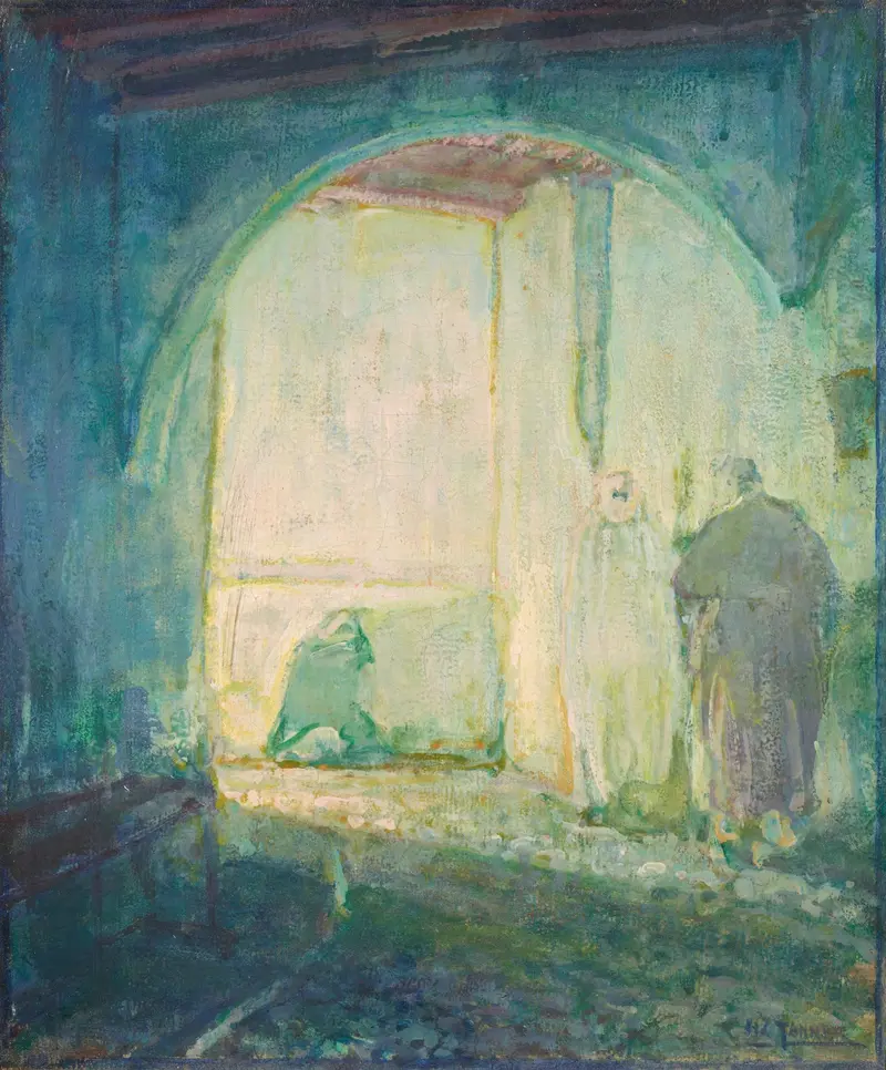 Interior scene with light illuminating a tapestry, oil painting by Henry Ossawa Tanner