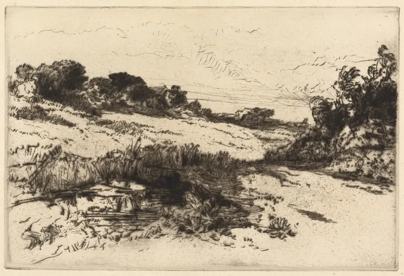 Engraving by Francis Seymour Haden depicting Windmill Hill with rolling hills and serene sky.