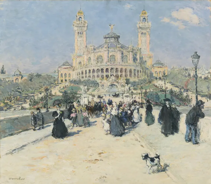 Figurative oil painting by Jean François Raffaëlli of a man on a bench at Trocadéro.