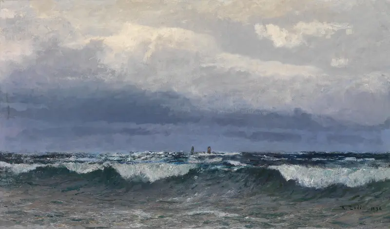 Marine scene with ships and waves, oil painting by Alfred Zoff
