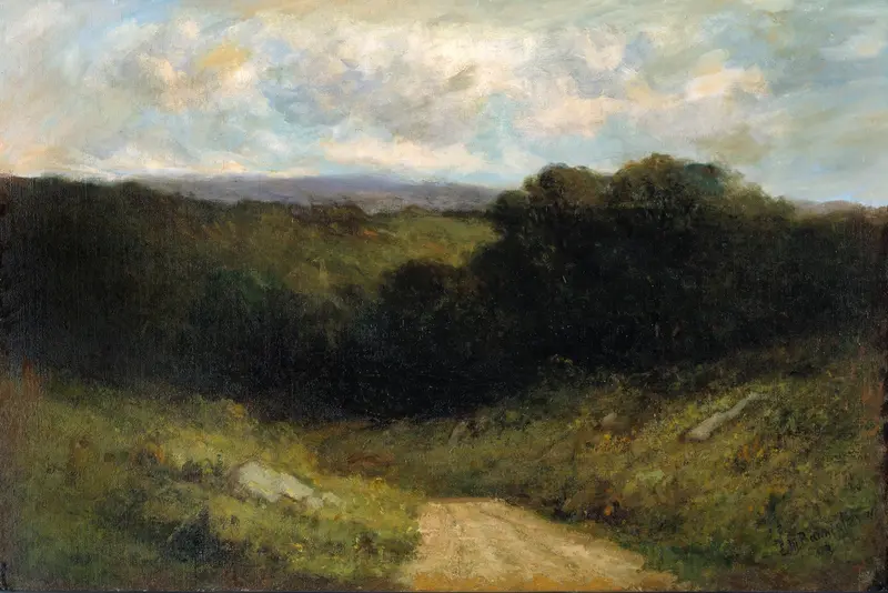 Landscape with a winding path and trees, oil on canvas by Edward Mitchell Bannister
