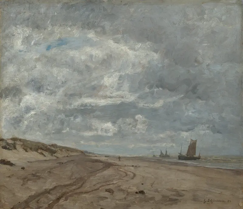 Oil painting of waves and shore at North Sea by Gustav Schönleber