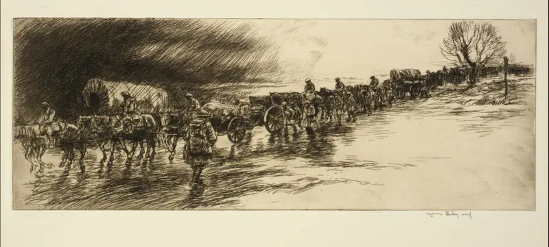 Artillery Train by Kerr Eby, expressionism, depicting silhouettes of a train and artillery