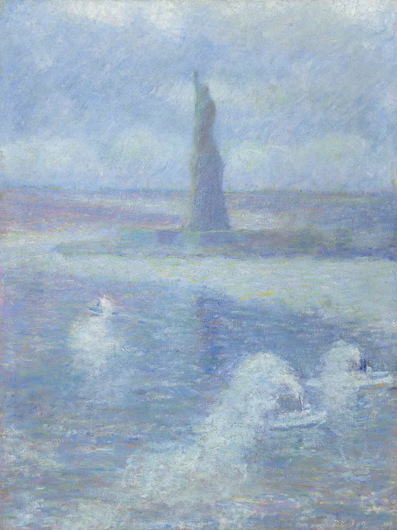 Statue of Liberty in mist, oil on canvas by Theodore Earl Butler