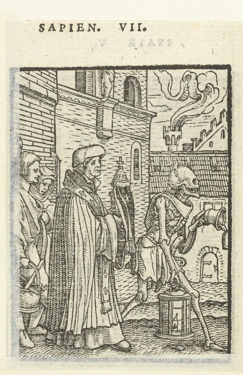 Priester en de Dood by Hans Holbein, paper artwork depicting a priest and Death.