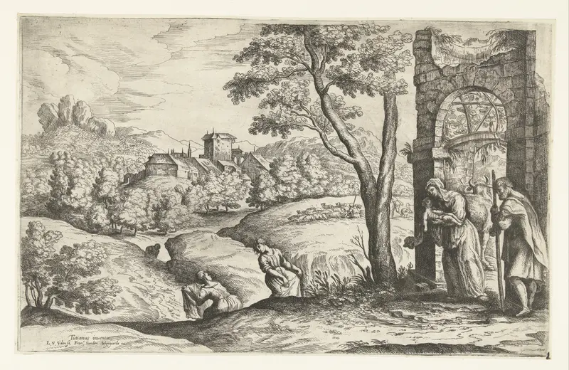 Landschap met de heilige familie en twee voedvrouwen, etching by Lucas van Uden showing the Holy Family in a serene landscape