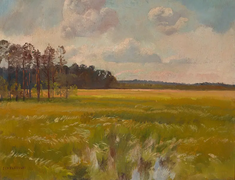 Meadow by the Forest, oil on canvas by Jozef Chelmonski, depicting a lush meadow and forest.