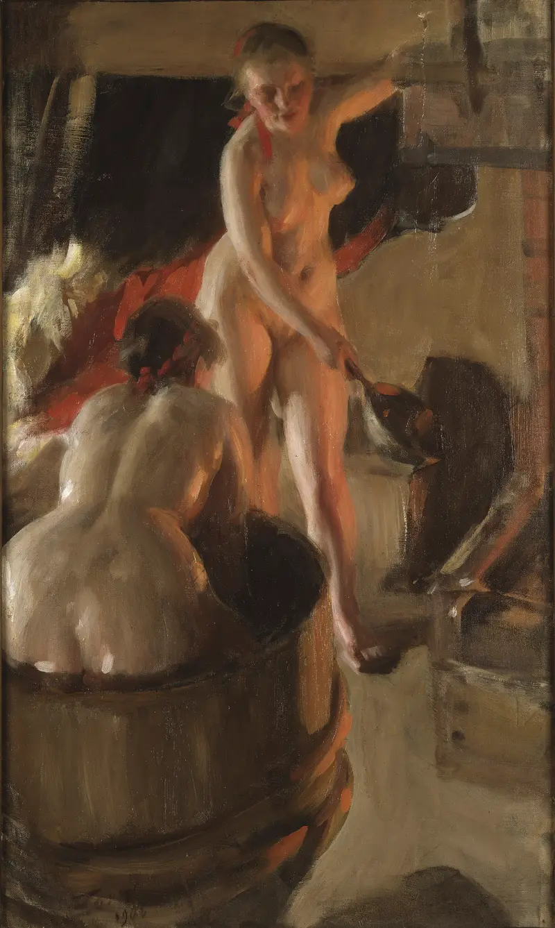 A depiction of young girls bathing in a serene natural setting.