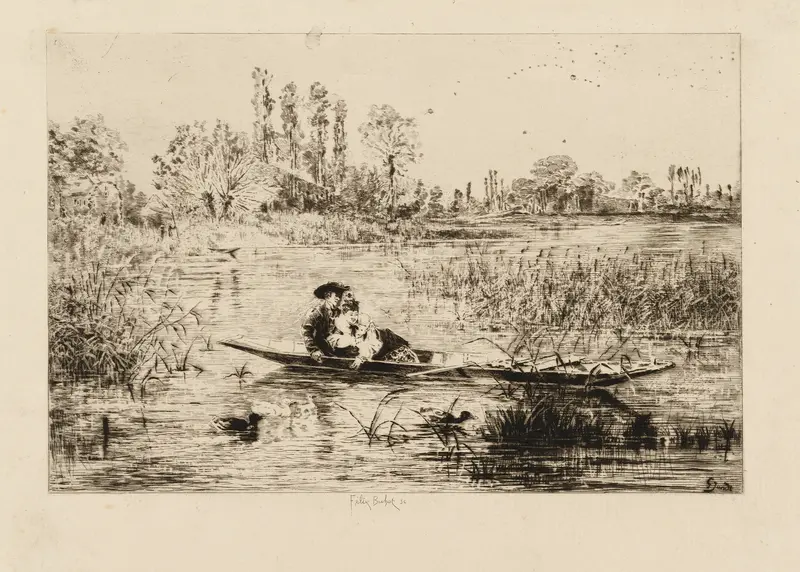 Marine scene with reflections on water, etching by Félix Hilaire Buhot, 1875